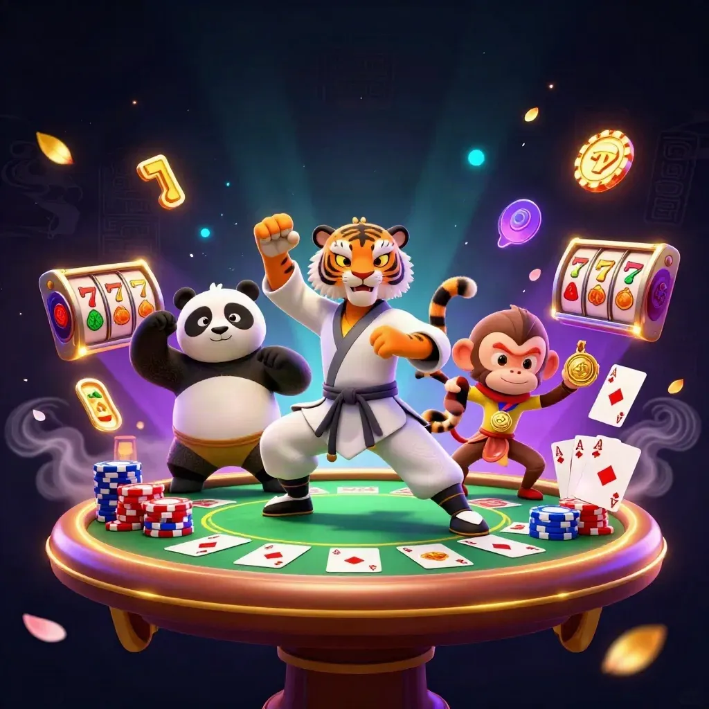 Tigermeister, Panda und Affe spielen vor goldenen Slots im dunklen Casino-Glanz
