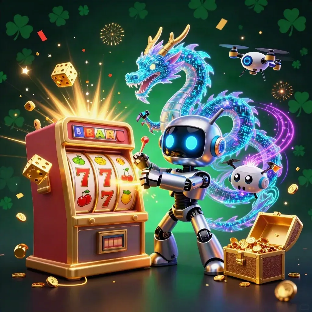 Roboter, Hologramm-Drache und Drohne vor explodierendem Slot-Maschine-Jackpot in Gold und Grün