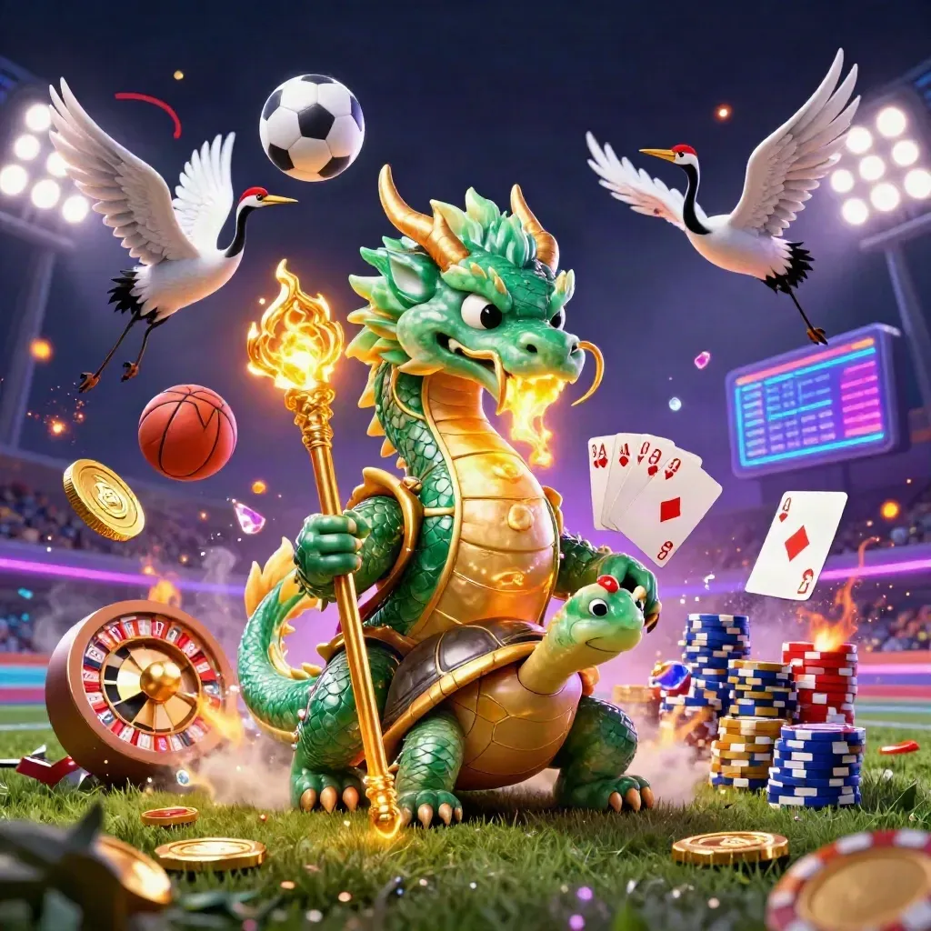 Drachen, Schildkröte und Kraniche mit Münzen, Karten und Bällen im Neon-Casino-Look.