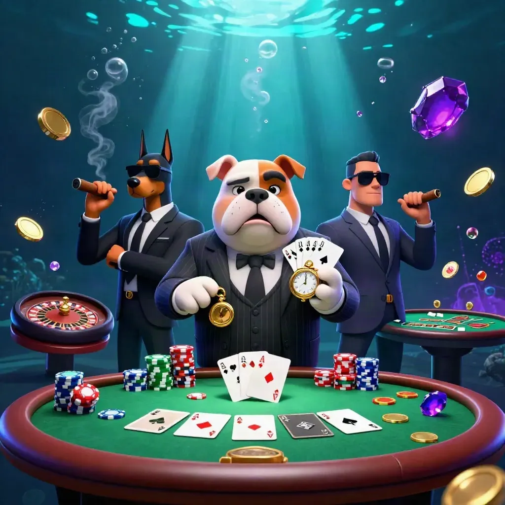 Bulldog-Boss mit Dobermännern an Pokertisch, Chips, Karten und Neon-Unterwasserlicht.