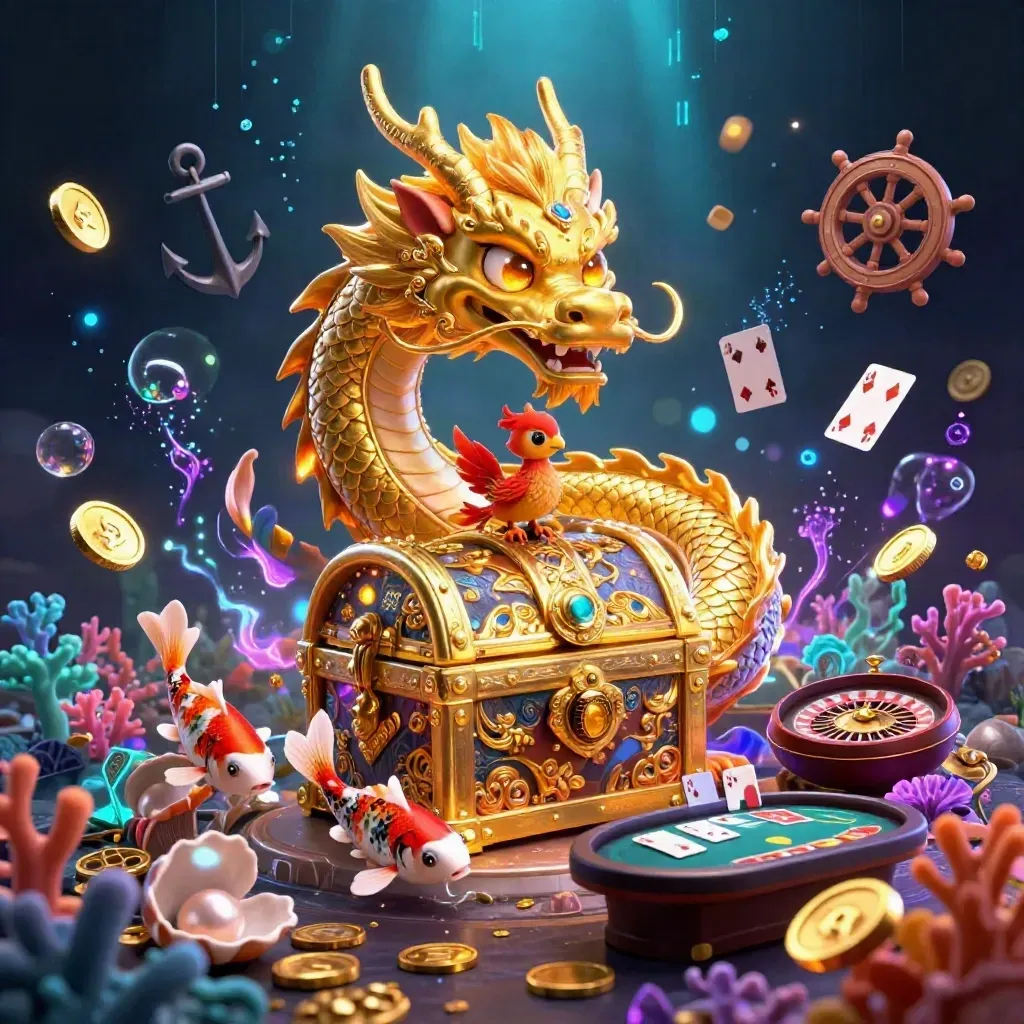 Goldener Drache mit Phoenix, Koi, Münzen und Casino-Lichteffekten im dunklen Blau