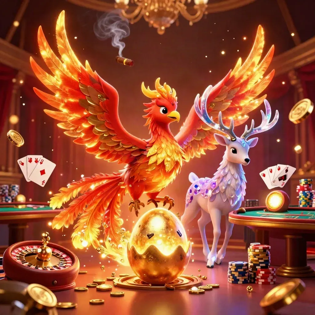 Phönix, Babypoenix und Hirsch in goldener Casino-Szene mit Münzen, Karten und Edelsteinen.