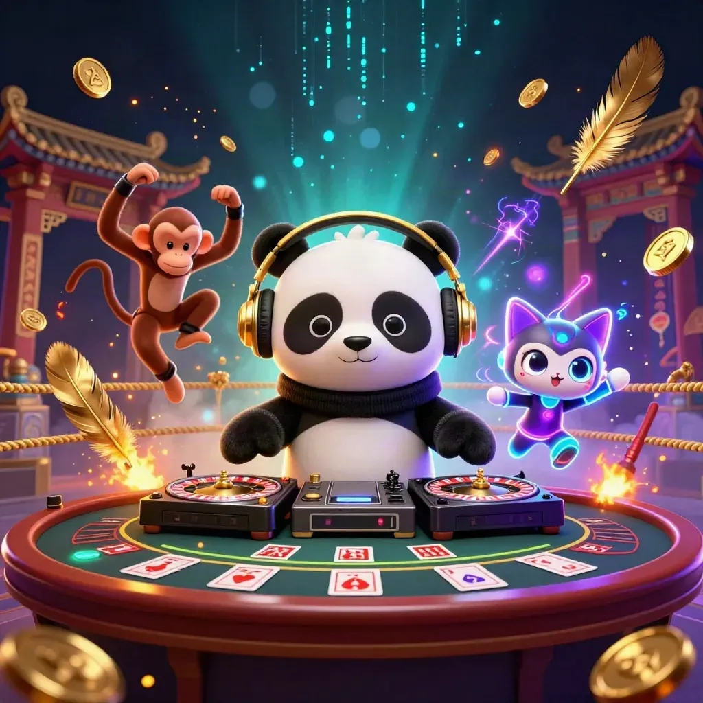 Panda-DJ, tanzender Affe und Neon-Kätzchen in einer luxuriösen Casino-Rave-Szene.