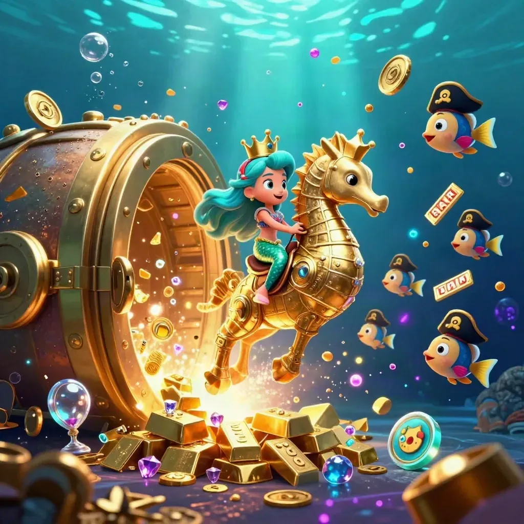 Meerjungfrau-Prinzessin auf goldenem Seepferd, Schatzkiste, Fische mit Piratenhüten, leuchtende Juwelen.