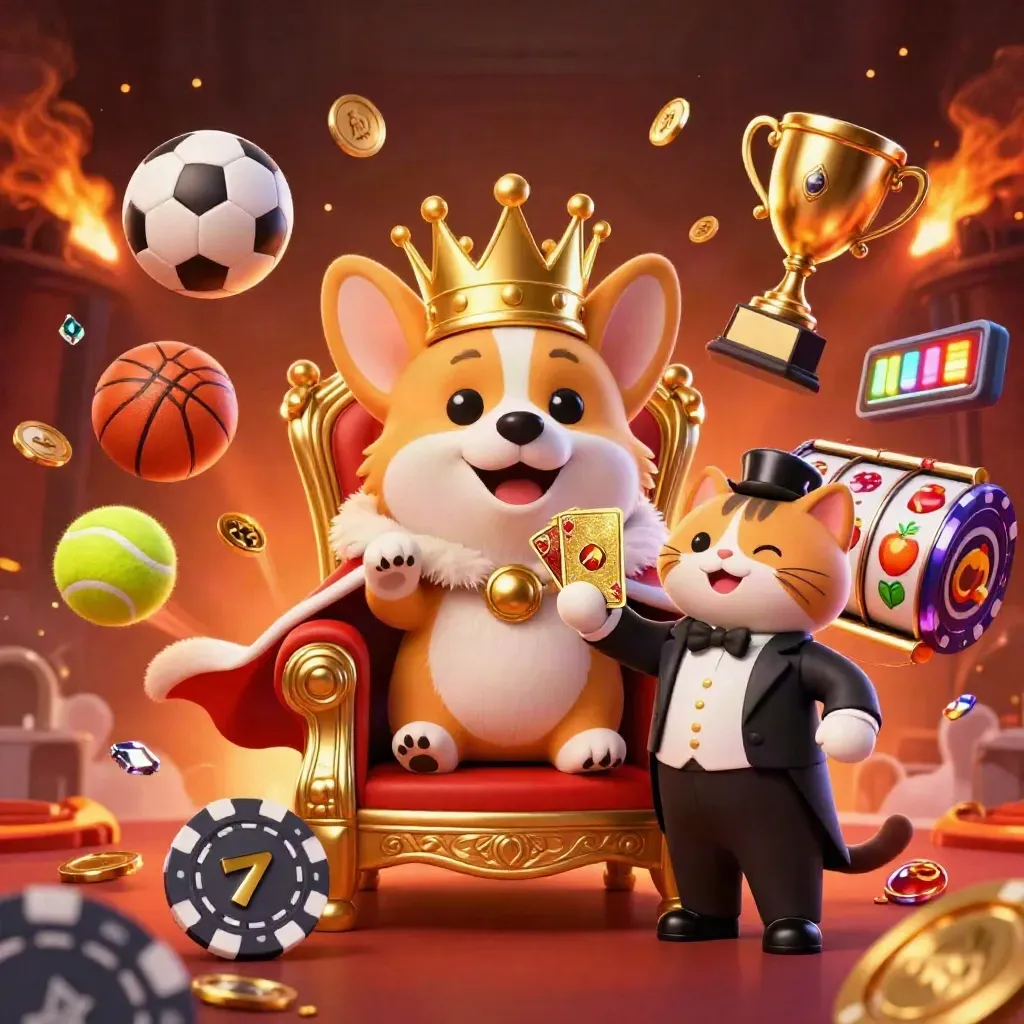 Royaler Corgi und Katzenbutler in goldener Casino-Action mit Bällen, Münzen und Feuerfunken.