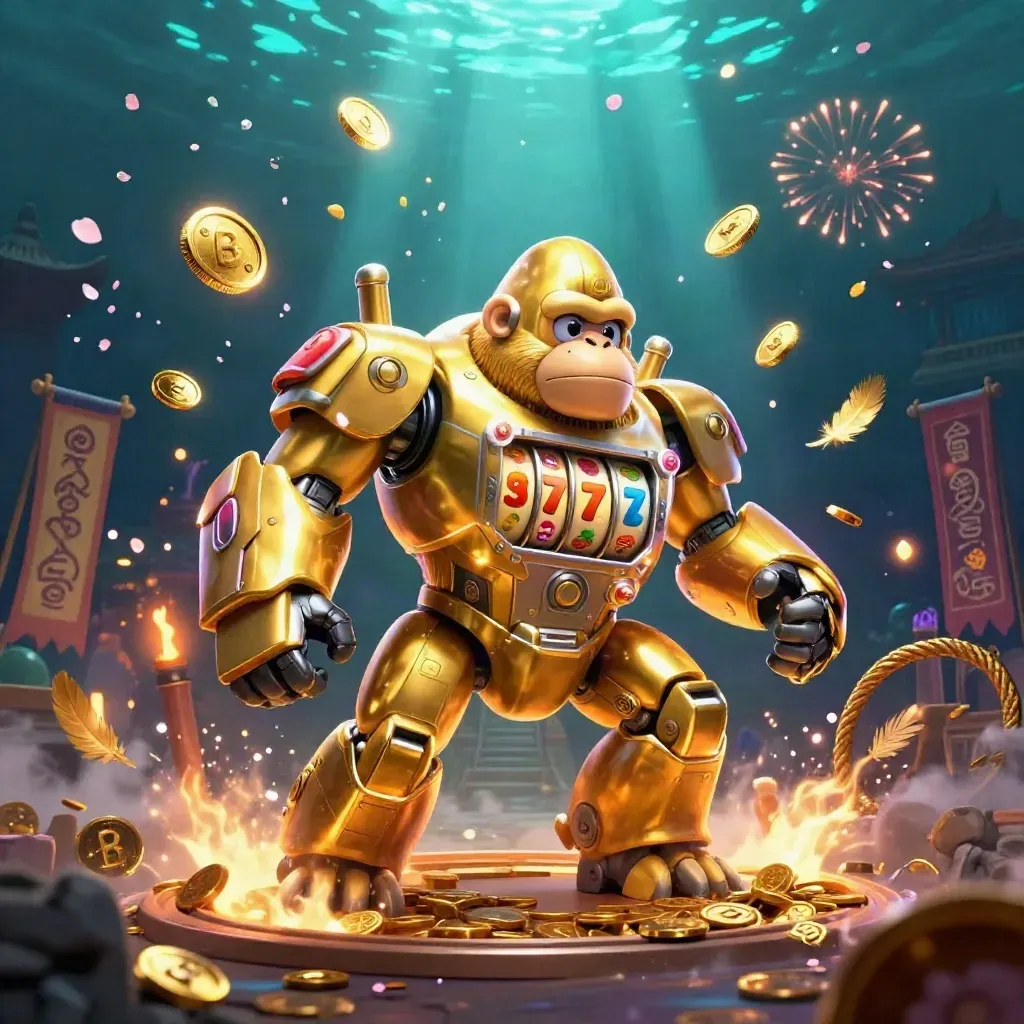 Goldener Gorilla-Mech mit Affenpilot, Coins, Tempel, Feuerwerk und Casino-Glanz.