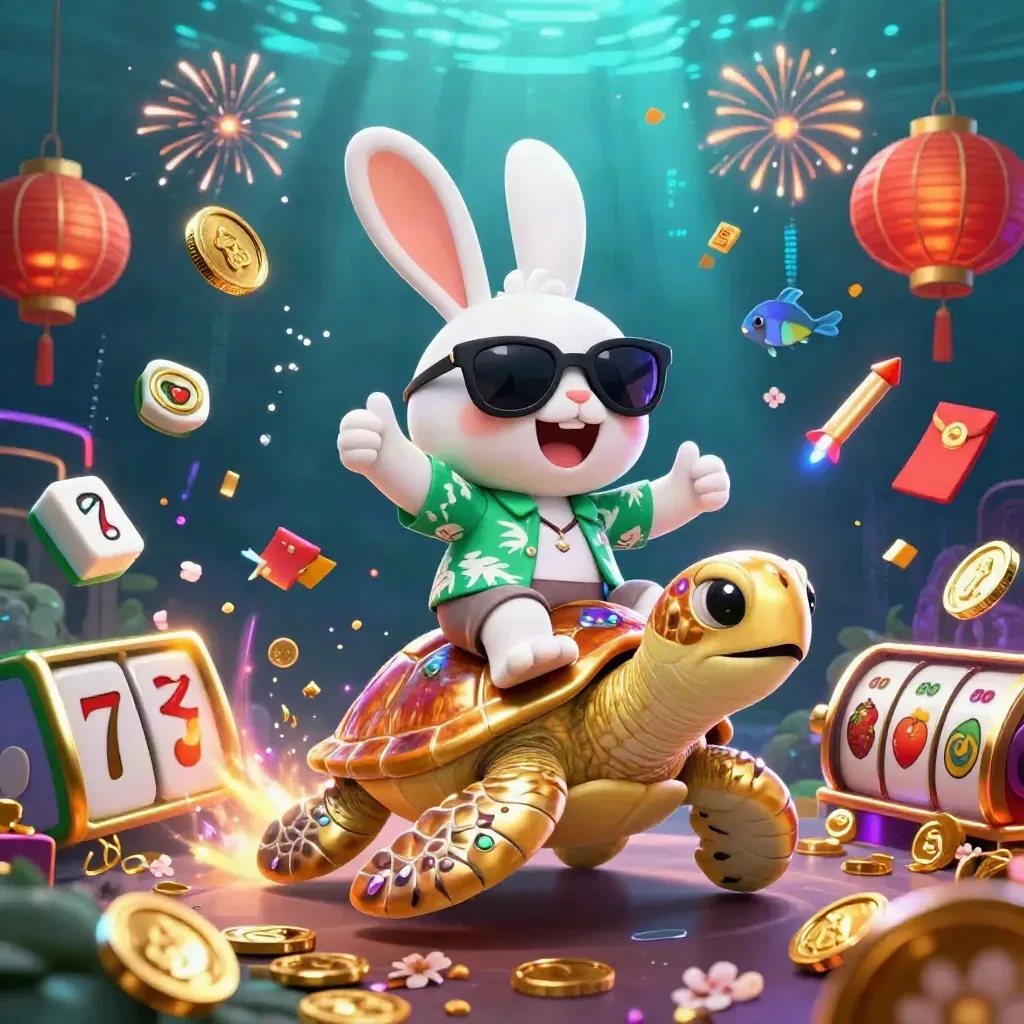 Glücklicher Cartoon-Hase auf Goldschildkröte mit Coins, Feuerwerk und Casino-Lichtern.