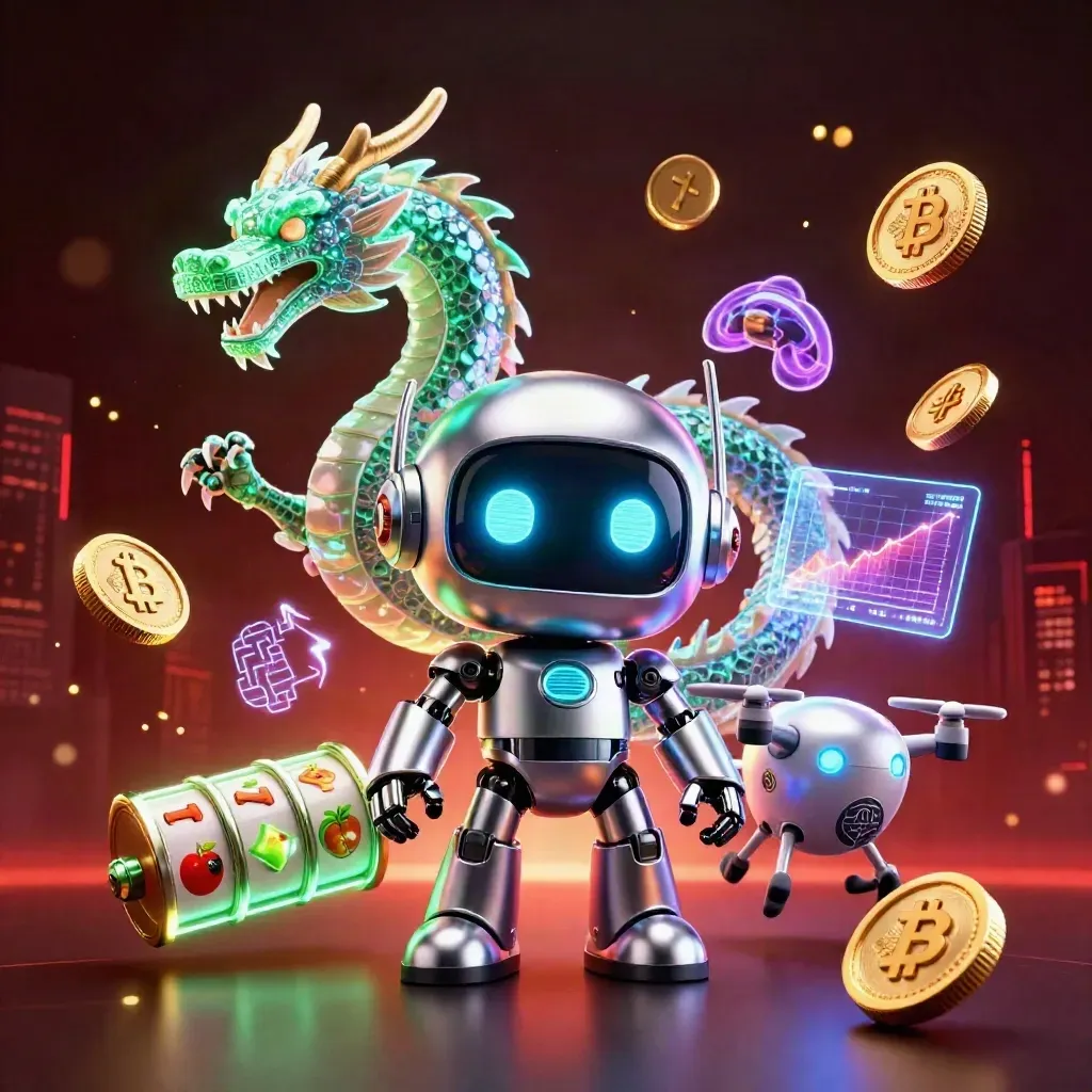 Chrome-Roboter, holografischer Drache und Drohne vor Casino-Glühen mit Coins und Slots.