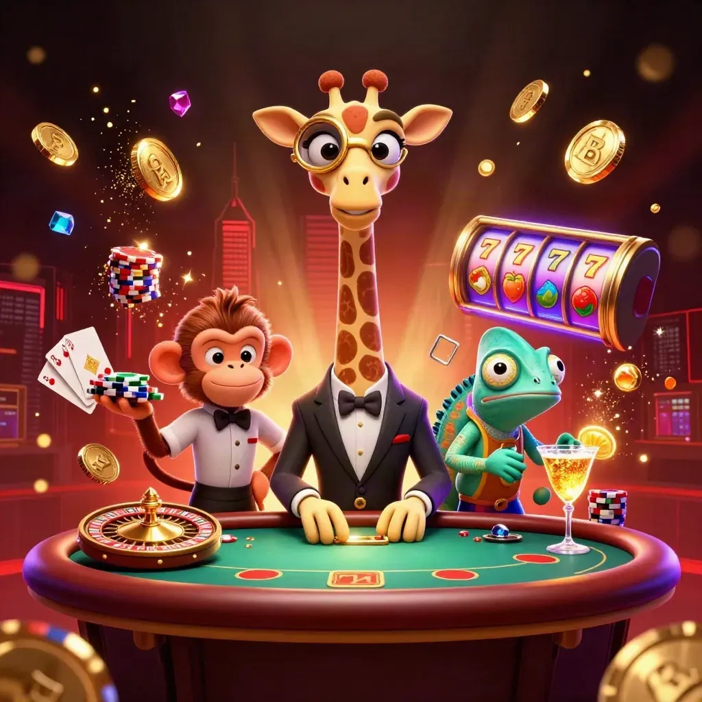 Drei Casino-Tiere am Pokertisch, umringt von Goldmünzen, Würfeln und leuchtenden Effekten.