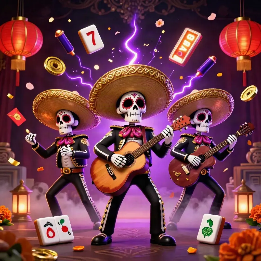 Drei Day-of-the-Dead-Skelettmariachis mit Goldsombreros im dunklen Casino-Glanz.